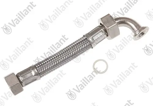 Vaillant Schlauch mit flexibler Metallummantelung und einem gebogenen Ende, ausgestattet mit zwei Befestigungsmuttern und einer Dichtung.